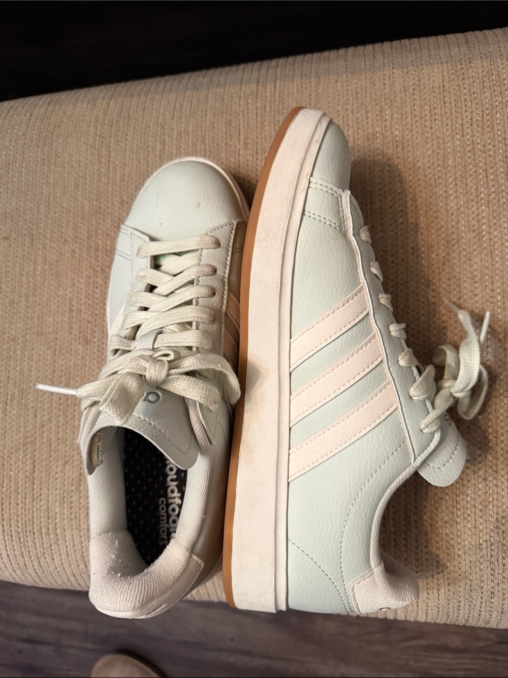 adidas Women's Cream Sneakers with Pale Pink Stripes